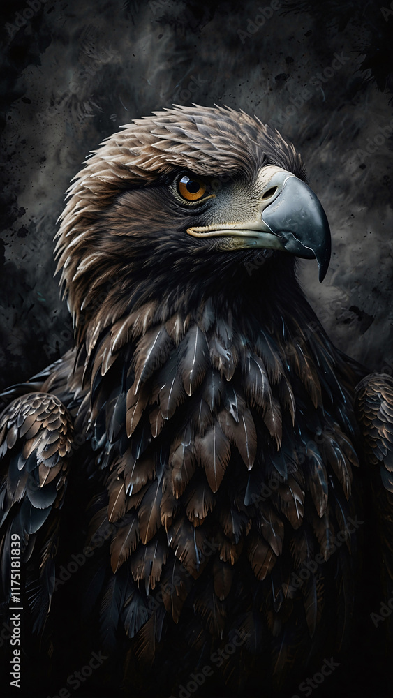 Close up professional shot of a powerful eagle with strong beak set against dark shadowy background for intense effect Close up professional shot of a powerful eagle with strong beak set against dark shadowy background for intense effect
