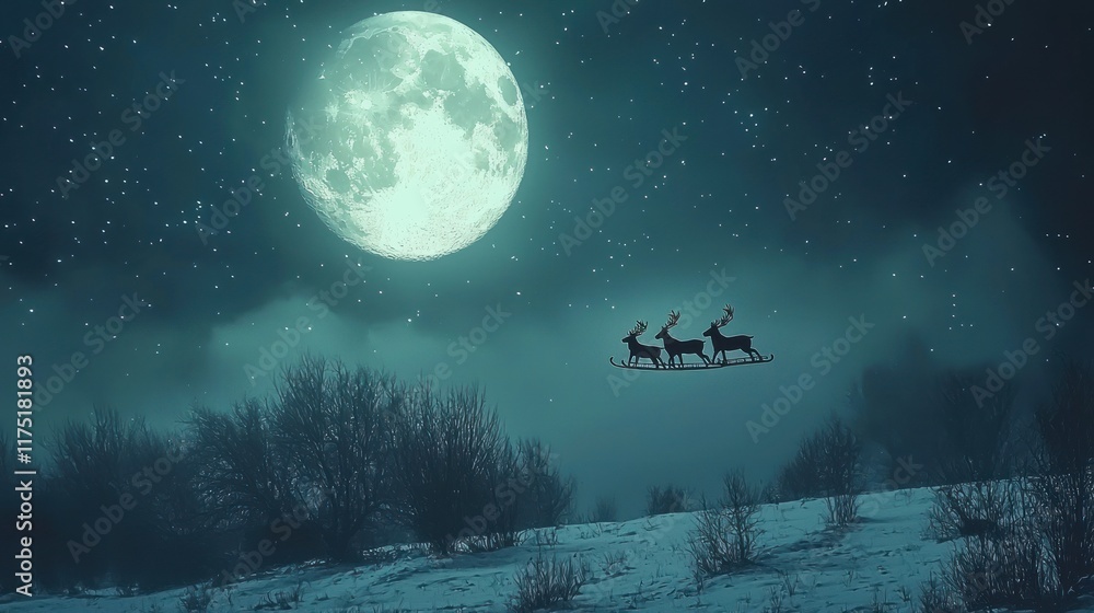 Fototapeta premium Reindeer Fly Across Snowy Landscape Underneath Bright Moon