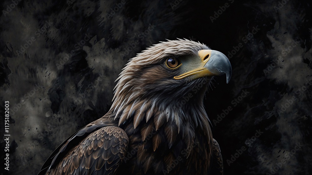 Obraz premium Detailed close up photo of an eagle with a strong beak in professional photo session set against a dark background