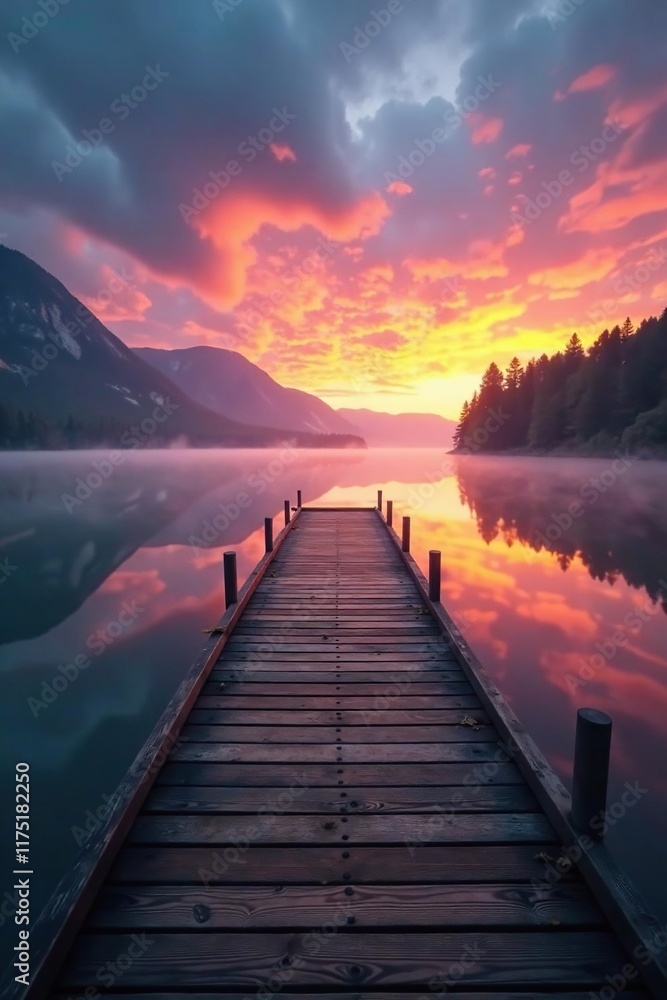 Fototapeta premium Wooden dock extends into a mysterious mist-shrouded lake at sunrise, wooden dock, vastness