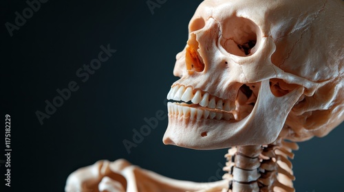 A clear side view of a human skull highlights the intricate details and anatomical features, providing valuable insight for education and scientific purposes. photo