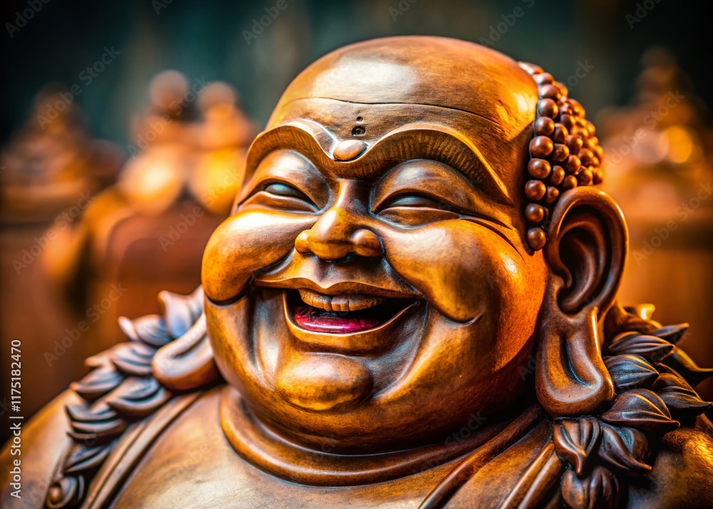 Serene Laughing Buddha Statue Portrait, Close-Up Shot, Peaceful Asian Sculpture Serene Laughing Buddha Statue Portrait, Close-Up Shot, Peaceful Asian Sculpture