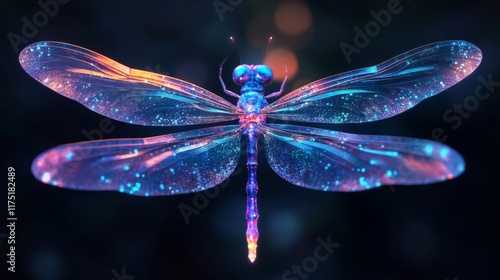 Glowing dreamy dragonfly insect. Isolated 3D render fly on black backgound. Modern brutalism concept