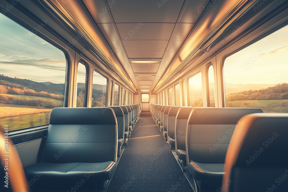 Fototapeta premium A modern train interior with sleek leather seats, wide windows, and soft lighting, with copy space. Bright natural light. Scenic countryside background through the windows.