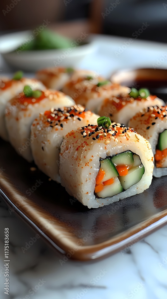 Set on a traditional bamboo sushi mat, this platter of vegan sushi rolls features vibrant colors from avocado, cucumber, and carrot slices, and a small dish of soy sauce on the side. Set on a traditional bamboo sushi mat, this platter of vegan sushi rolls features vibrant colors from avocado, cucumber, and carrot slices, and a small dish of soy sauce on the side.