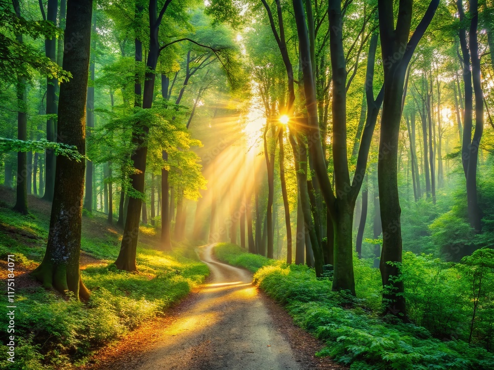 Obraz premium Serene Morning Forest: Sunlit Path Through Lush Green Canopy