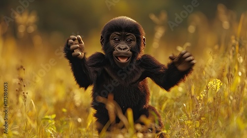 A young mountain gorilla playfully exploring its natural surroundings in Uganda. photo