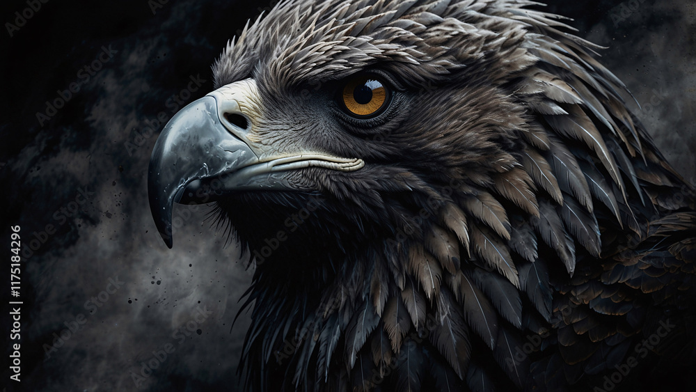 Fototapeta premium Powerful and sharp eagle with strong beak captured in a professional image set in a shadowed dark background