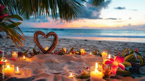 Romantic Beach Candlelight Dinner Setup photo