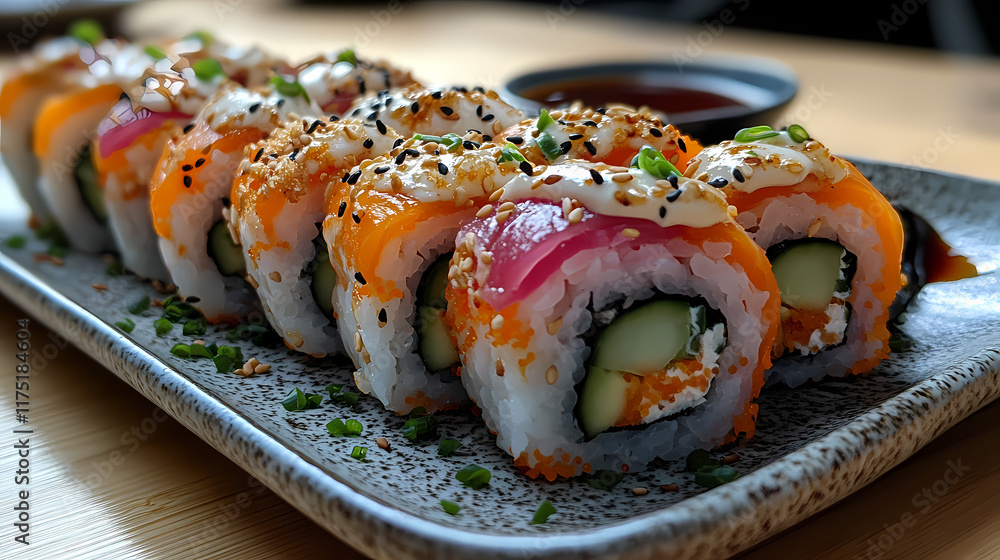 Set on a traditional bamboo sushi mat, this platter of vegan sushi rolls features vibrant colors from avocado, cucumber, and carrot slices, and a small dish of soy sauce on the side. Set on a traditional bamboo sushi mat, this platter of vegan sushi rolls features vibrant colors from avocado, cucumber, and carrot slices, and a small dish of soy sauce on the side.