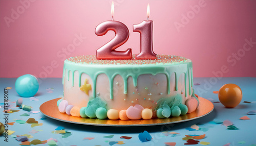 twenty first year birthday cake on isolated colourful pastel heritage photo