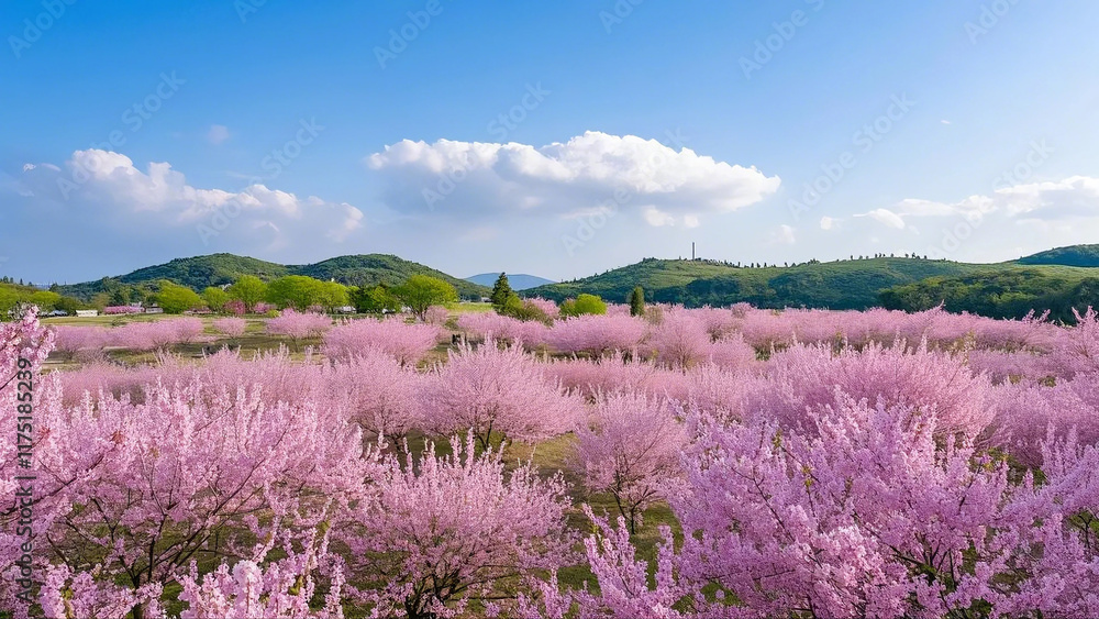 Obraz premium Cherry blossoms are in full bloom at the Lushun Cherry Blossom Garden in Dalian, Liaoning, China