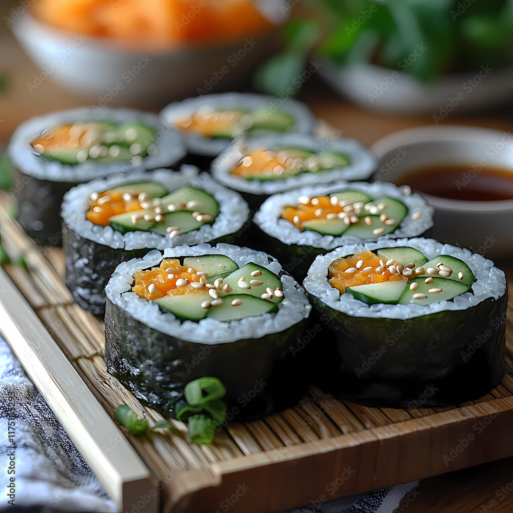Set on a traditional bamboo sushi mat, this platter of vegan sushi rolls features vibrant colors from avocado, cucumber, and carrot slices, and a small dish of soy sauce on the side. Set on a traditional bamboo sushi mat, this platter of vegan sushi rolls features vibrant colors from avocado, cucumber, and carrot slices, and a small dish of soy sauce on the side.