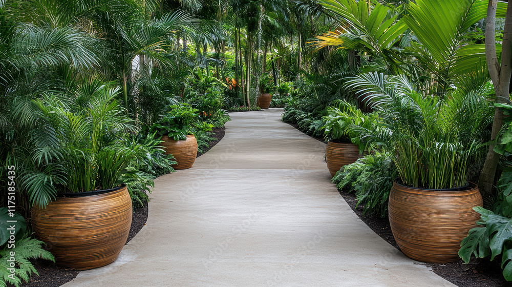 Fototapeta premium Lush tropical garden pathway with exotic plants and decorative pots