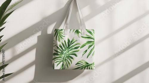 Mockup of a stylish tote bag with a tropical leaf print hanging on a white wall