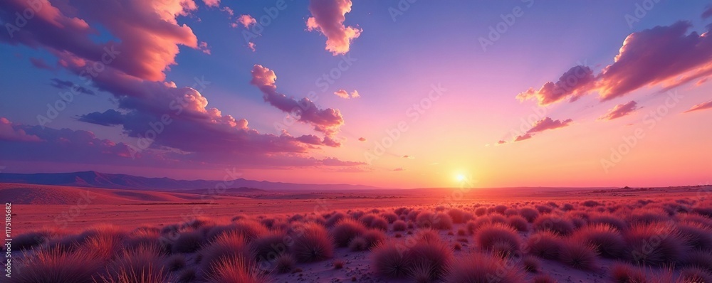 Fototapeta premium A vast open plain at sunset with wispy clouds and a bright blue sky, purple, warm tones