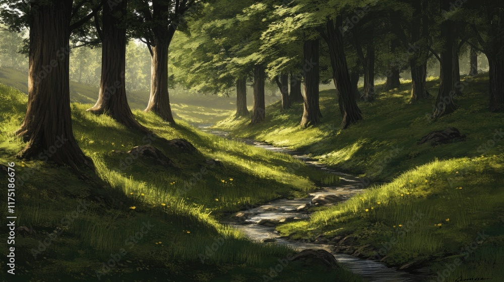 Obraz premium Serene Forest Stream Sunlight Through Trees