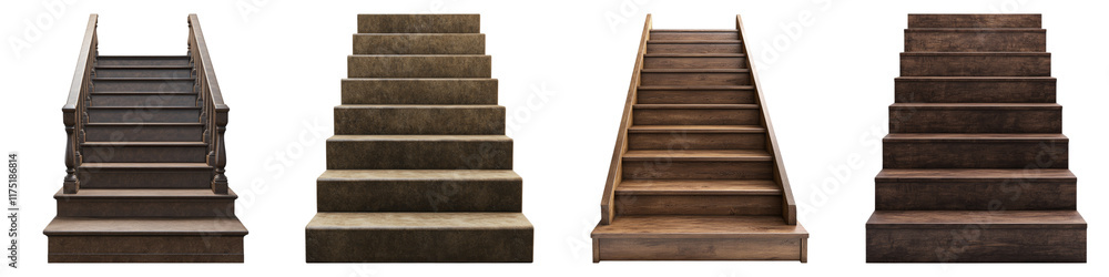 Brown stairs isolated on transparent background, Set of Brown stairs isolated on transparent background, Set of