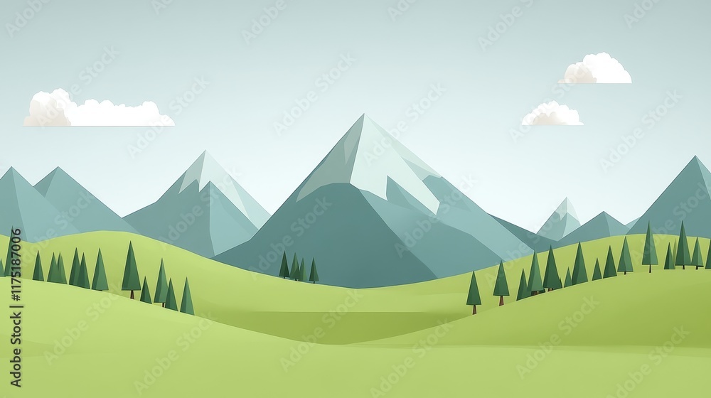 Naklejka premium Serene Low-Poly Mountain Range and Verdant Valley Landscape
