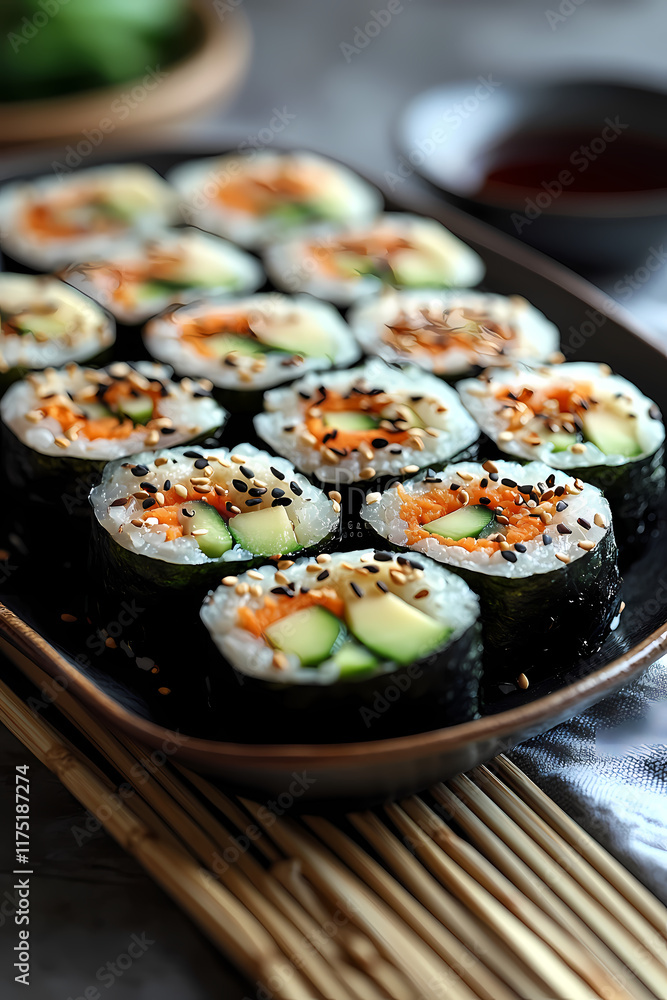 Set on a traditional bamboo sushi mat, this platter of vegan sushi rolls features vibrant colors from avocado, cucumber, and carrot slices, and a small dish of soy sauce on the side. Set on a traditional bamboo sushi mat, this platter of vegan sushi rolls features vibrant colors from avocado, cucumber, and carrot slices, and a small dish of soy sauce on the side.