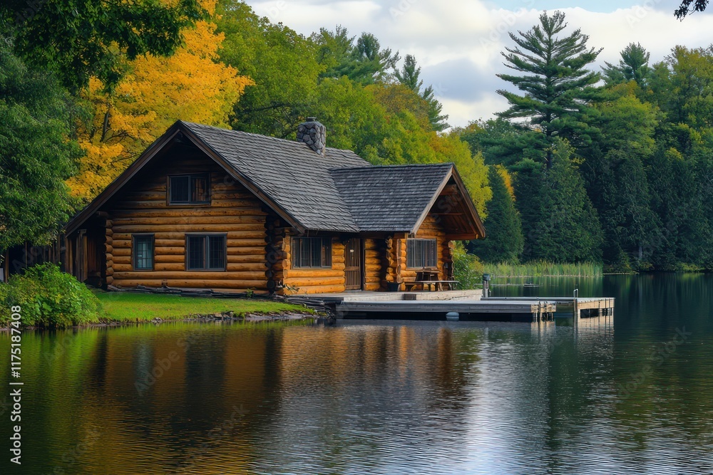 A serene lakeside cabin with log walls, a steep roof, and a small dock leading to the calm water A serene lakeside cabin with log walls, a steep roof, and a small dock leading to the calm water