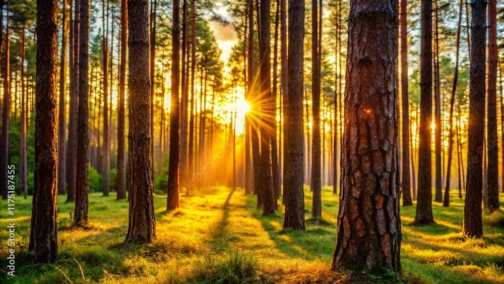 Fototapeta premium Serene Pine Trees: Sunlit Conifers with Soft Focus Detail