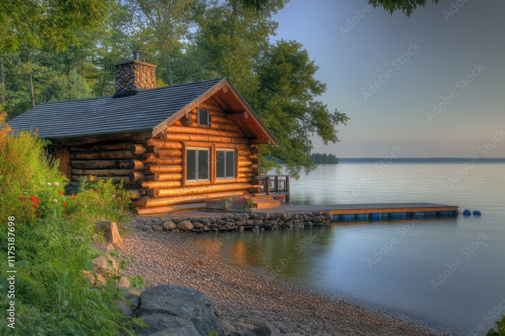A serene lakeside cabin with log walls, a steep roof, and a small dock leading to the calm water A serene lakeside cabin with log walls, a steep roof, and a small dock leading to the calm water