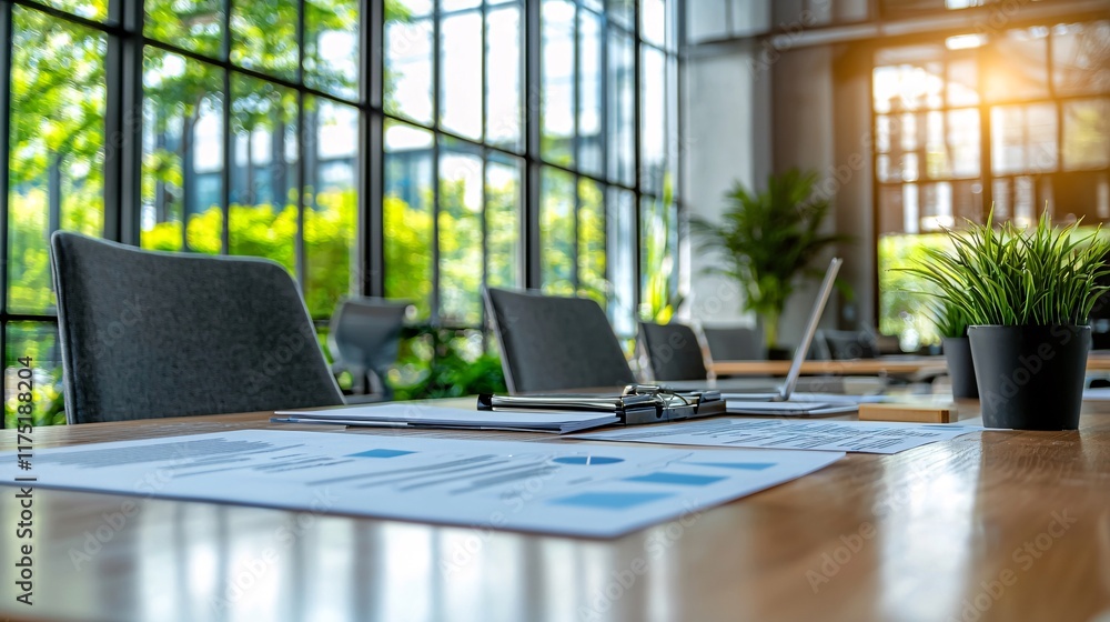 Fototapeta premium Wealth management documents reviewed in a corporate setting Stock Photo with side copy space