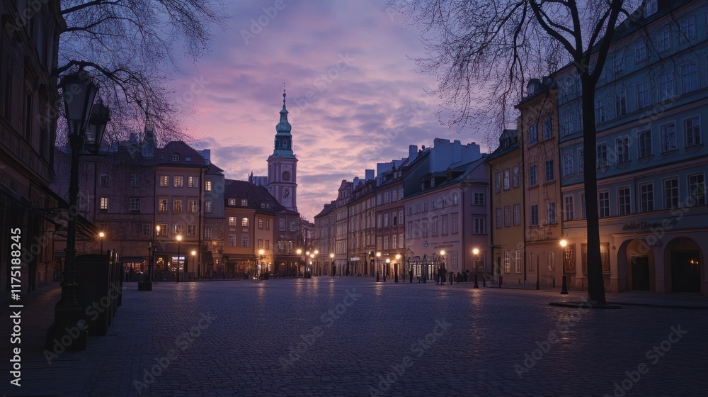 A peaceful panorama of the Old Town square at twilight, with historic landmarks lit by streetlights and a serene ambiance A peaceful panorama of the Old Town square at twilight, with historic landmarks lit by streetlights and a serene ambiance