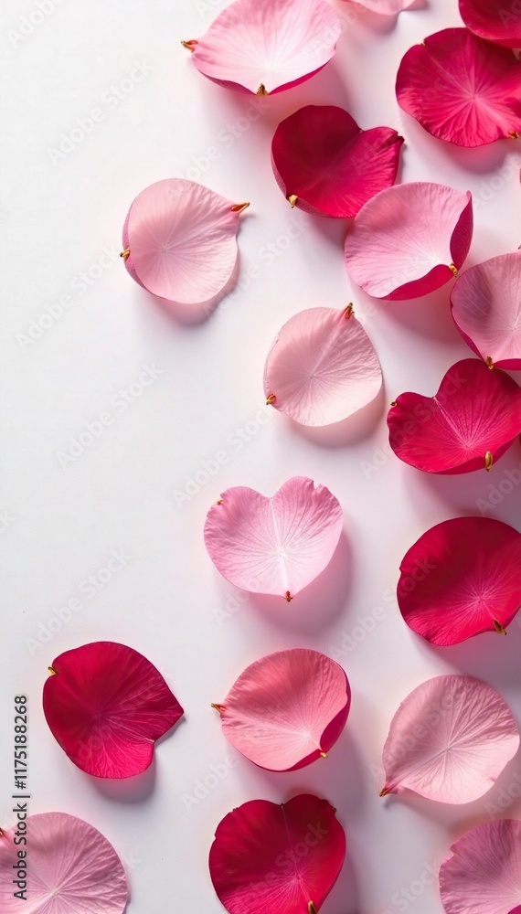 Delicate rose petals scattered on a smooth white surface, soft, texture Delicate rose petals scattered on a smooth white surface, soft, texture