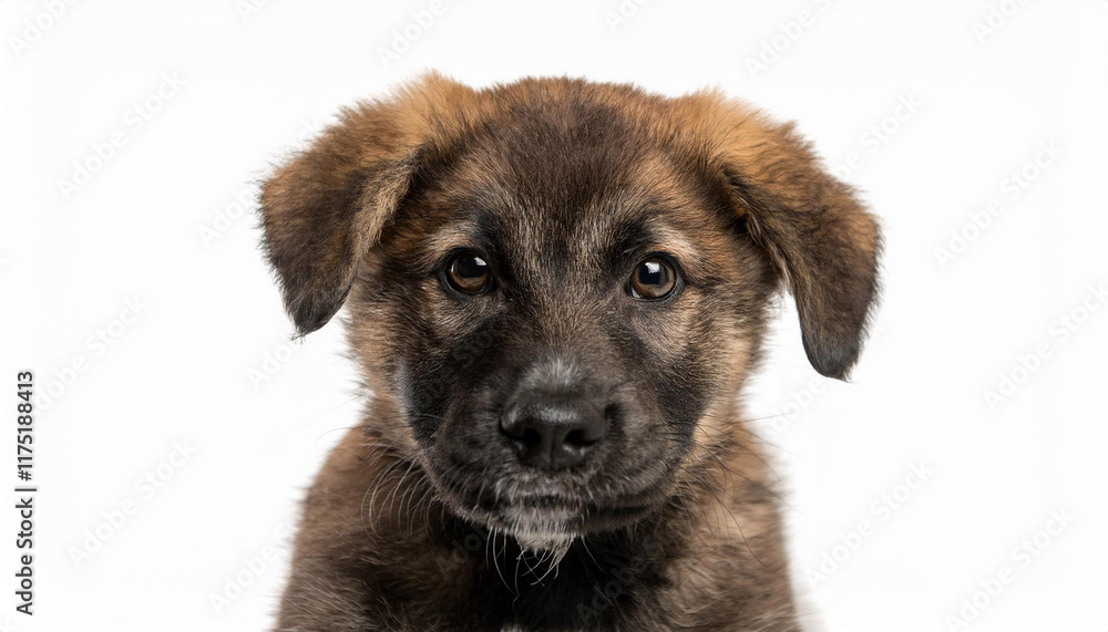 close up of blended breed pup four months vintage in front of white b close up of blended breed pup four months vintage in front of white b