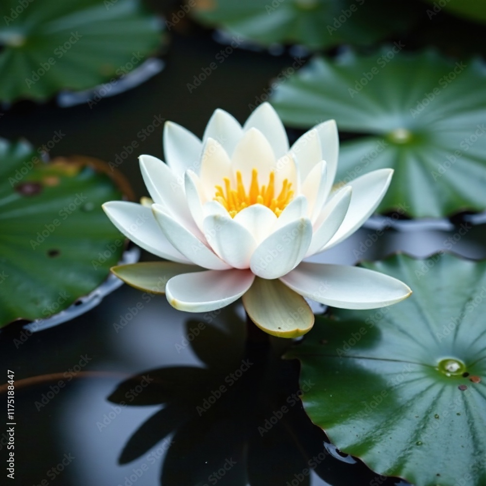 Delicate white lotus blooms in murky waters, its petals unfolding like a snowflake, water lily, nature photography Delicate white lotus blooms in murky waters, its petals unfolding like a snowflake, water lily, nature photography