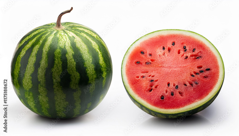 round striped watermelon reduce in half of with black watermelon seeds isolated on white heritage clipping path round striped watermelon reduce in half of with black watermelon seeds isolated on white heritage clipping path