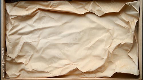 Overhead view of crumpled kraft paper filling a box. The texture and neutral beige tones create a simple yet elegant aesthetic.