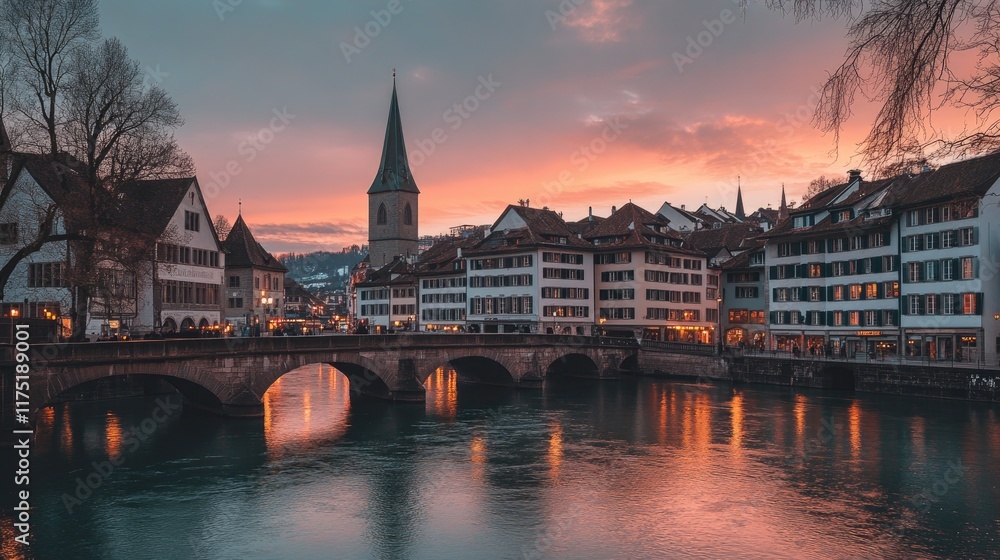 Naklejka premium Sunset over Swiss River Town Scenic Bridge and Buildings