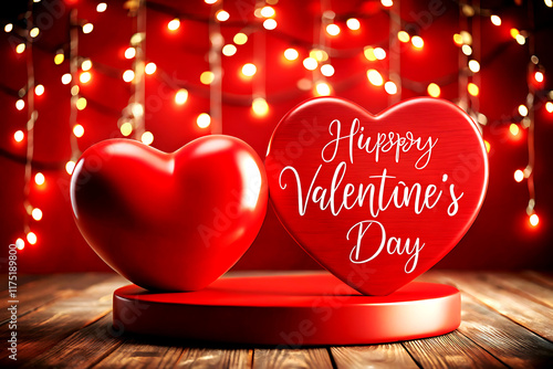 Valentines day greeting card with red heart and lights on background