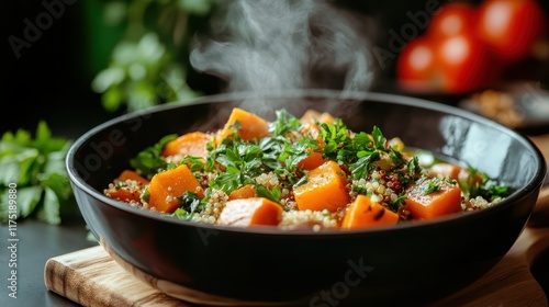 A delightful bowl of warm, steamed quinoa and vegetables adorned with fresh green herbs, serving up a healthy, nutritious and gastronomically satisfying experience. photo