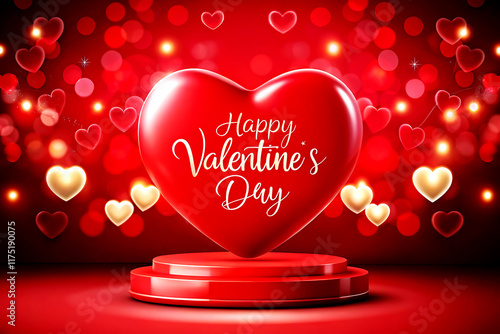 Valentines day background with red hearts and podium
