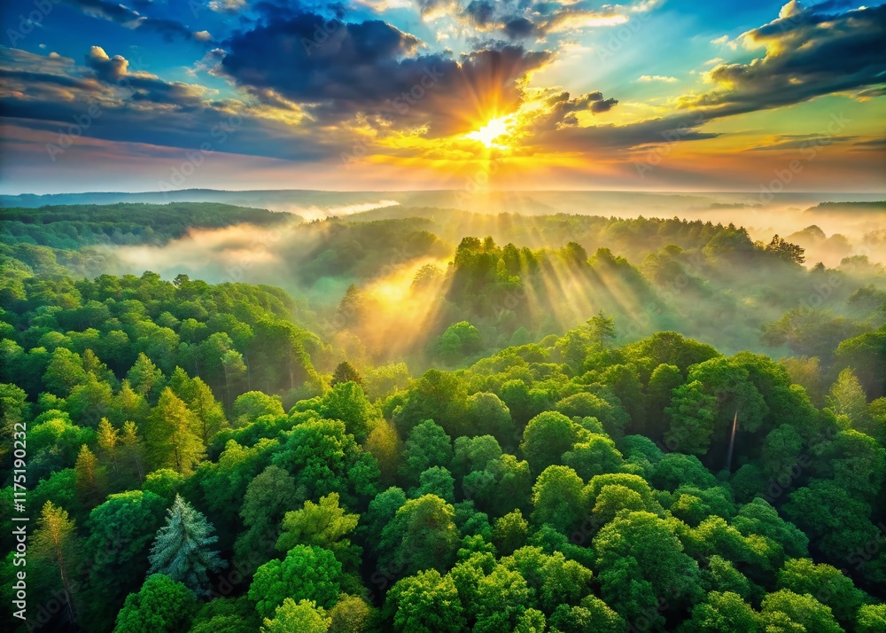 Obraz premium Serene Sunrise Forest: Panoramic Aerial View of Lush Green Canopy with Sunlight Rays