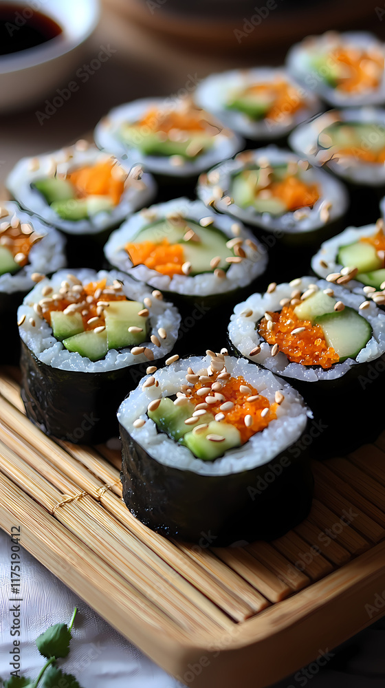 Set on a traditional bamboo sushi mat, this platter of vegan sushi rolls features vibrant colors from avocado, cucumber, and carrot slices, and a small dish of soy sauce on the side. Set on a traditional bamboo sushi mat, this platter of vegan sushi rolls features vibrant colors from avocado, cucumber, and carrot slices, and a small dish of soy sauce on the side.