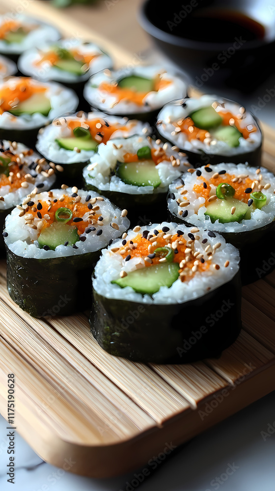 Set on a traditional bamboo sushi mat, this platter of vegan sushi rolls features vibrant colors from avocado, cucumber, and carrot slices, and a small dish of soy sauce on the side. Set on a traditional bamboo sushi mat, this platter of vegan sushi rolls features vibrant colors from avocado, cucumber, and carrot slices, and a small dish of soy sauce on the side.