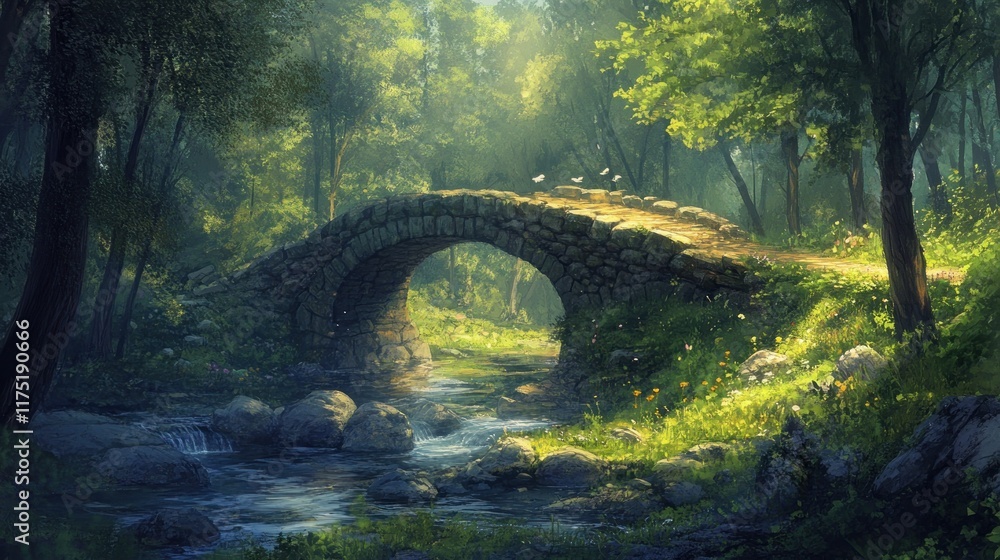 Sunlit stone arch bridge over a stream in a lush green forest. Sunlit stone arch bridge over a stream in a lush green forest.