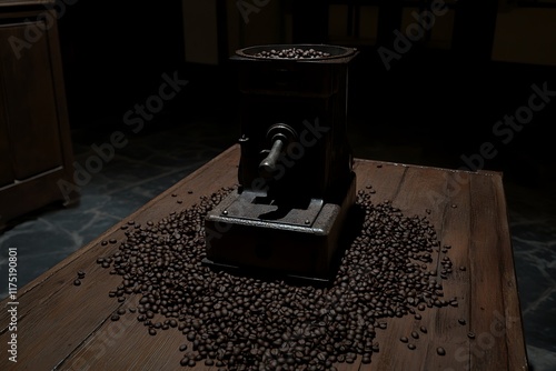 A vintage coffee mill surrounded by coffee beans, placed on an aged wooden table with a warm nostalgic vibe photo