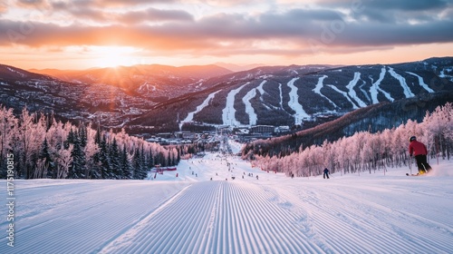 Majestic Sunset Over Snowy Mountain Ski Resort
