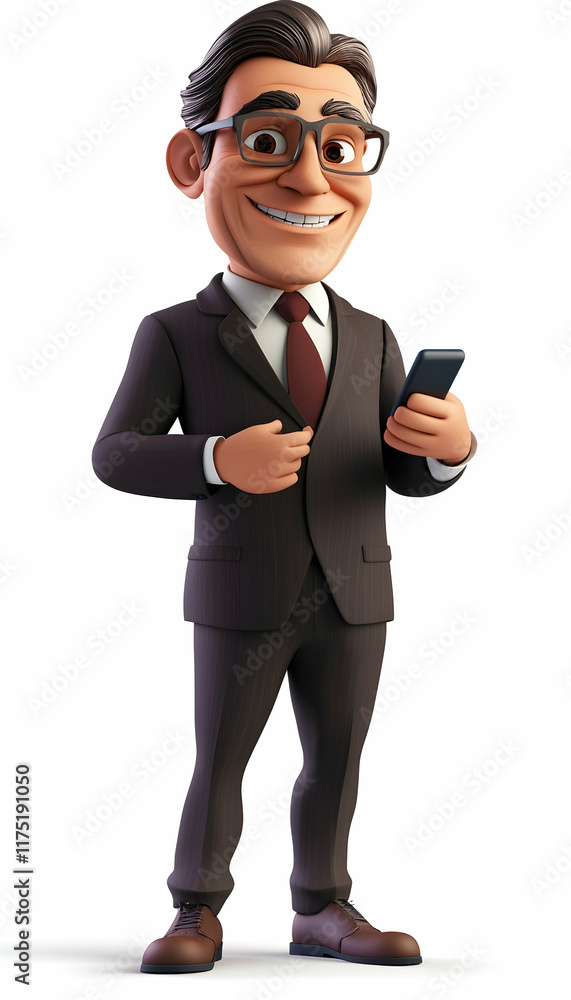 3D cartoon illustration of a smiling businessman with a mobile phone, looking charismatic AI Generated 3D cartoon illustration of a smiling businessman with a mobile phone, looking charismatic AI Generated