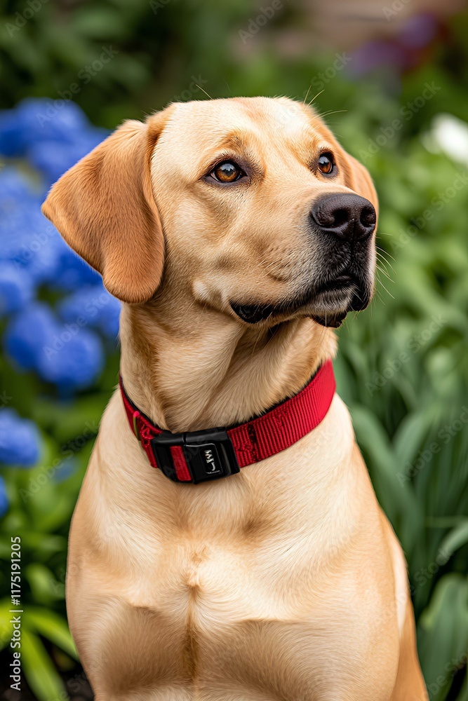 Happy beige labrador in a red collar sitting in a vibrant summer park, surrounded by flowers. Happy beige labrador in a red collar sitting in a vibrant summer park, surrounded by flowers.