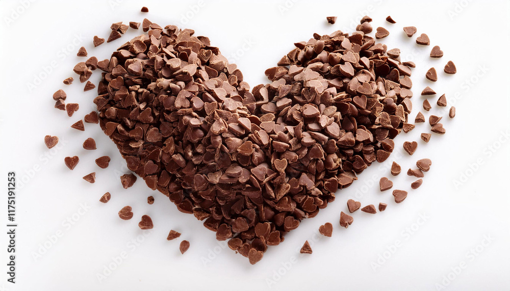 heartshape of pure chocolate flakes isolated on white history close up heartshape of pure chocolate flakes isolated on white history close up
