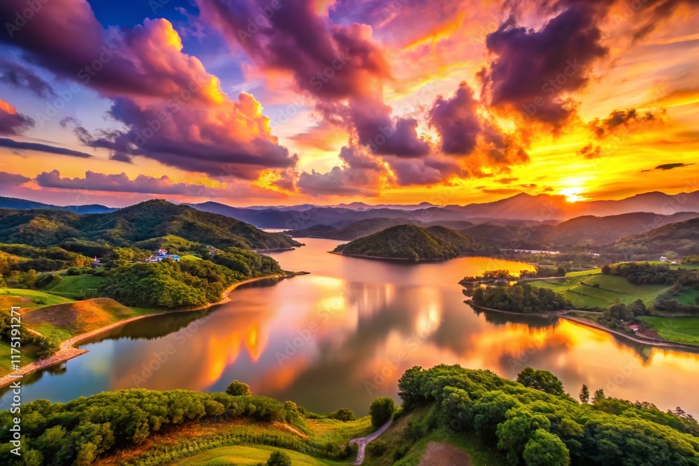 Obraz premium Serene Sunset Landscape at Longgong, Dramatic Sky, Golden Hour, Peaceful Nature