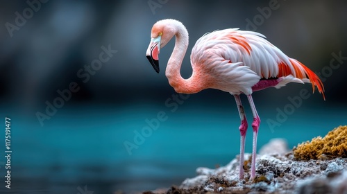 An artistic representation of a flamingo blended with a glitch effect, creating visual distortion, highlighting the contrast between nature and digital abstraction. photo