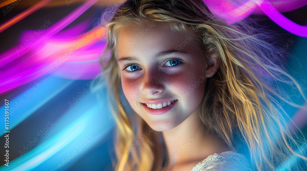A close-up of a girl with a confident smile, surrounded by softly blurred dynamic light trails in vibrant blue and purple tones. A close-up of a girl with a confident smile, surrounded by softly blurred dynamic light trails in vibrant blue and purple tones.